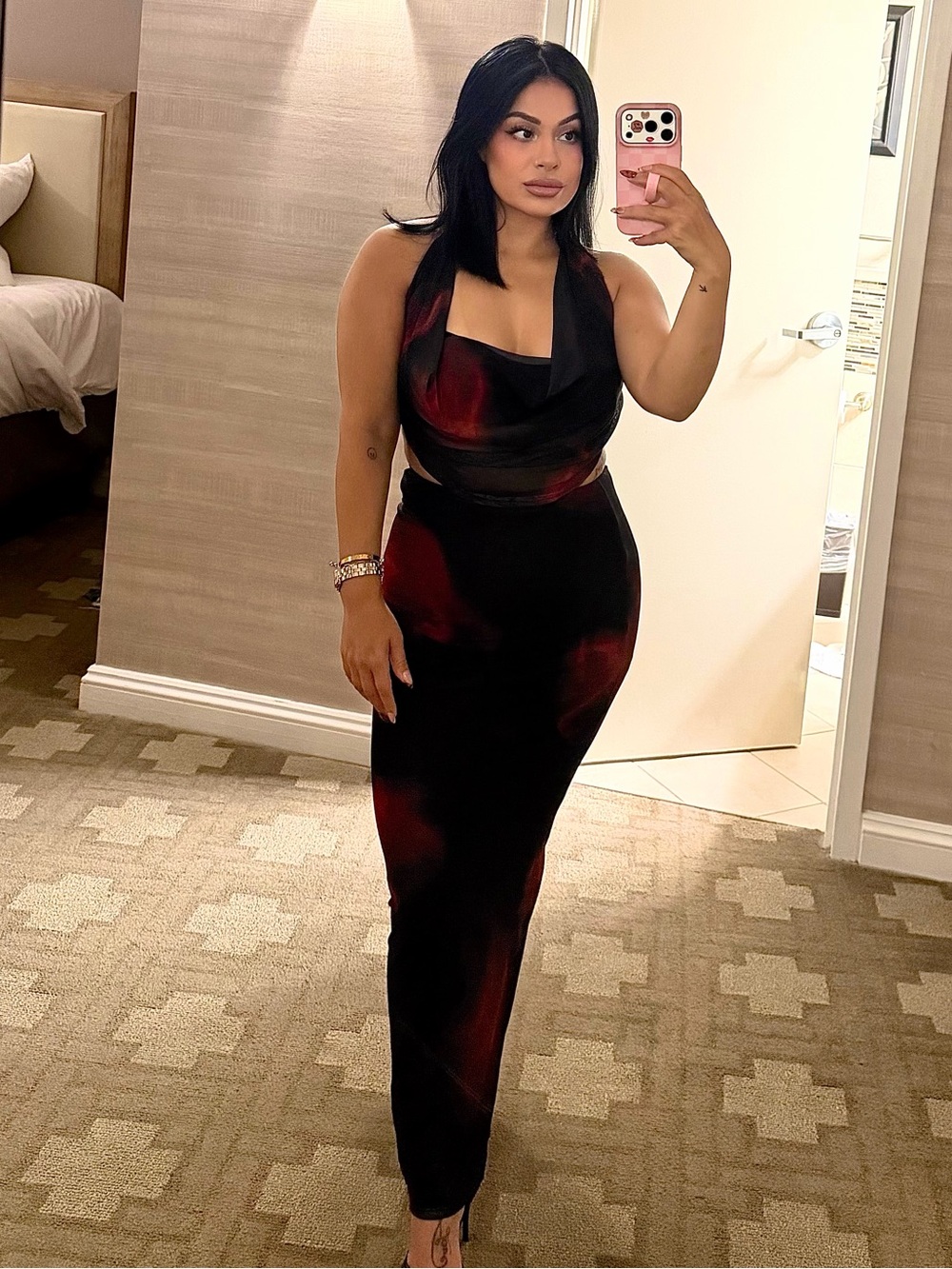 Sleek Black two piece set with Red Accents - Cowl Neck, Maxi skirt - Picture 1 of 1